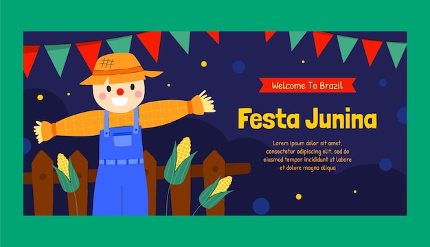 Modelo de banner horizontal plano para celebrações de festas juninas brasileiras