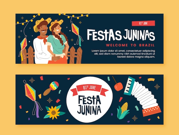 Vetor grátis modelo de banner horizontal plano para celebrações de festas juninas brasileiras