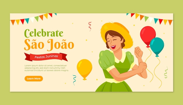 Vetor grátis modelo de banner horizontal plano para celebrações de festas juninas brasileiras