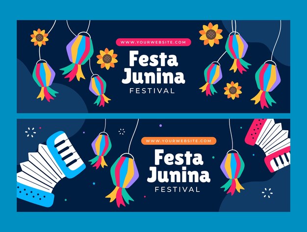 Modelo de banner horizontal plano para celebrações de festas juninas brasileiras
