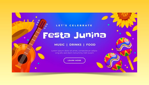 Modelo de banner horizontal plano para celebrações de festas juninas brasileiras