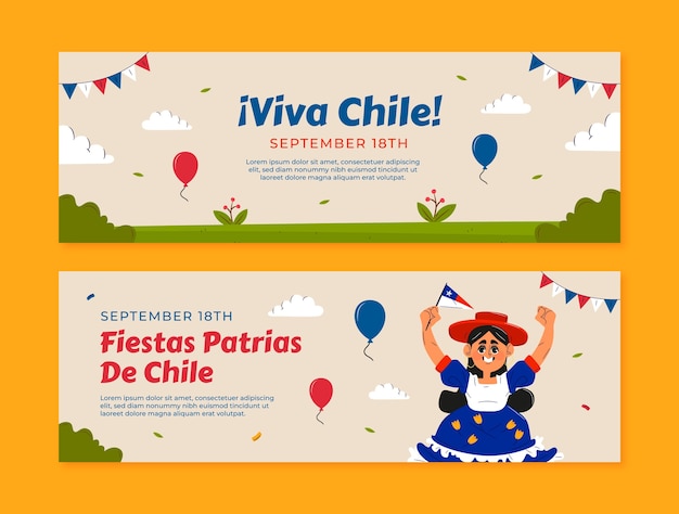 Vetor grátis modelo de banner horizontal plano para celebrações de pátrias de festas do chile