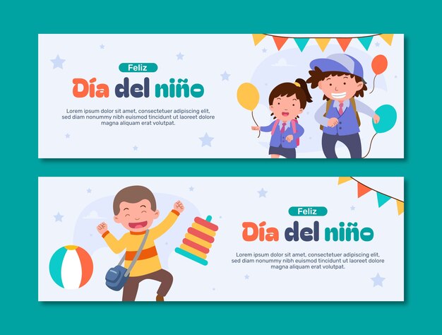 Modelo de banner horizontal plano para comemoração do dia das crianças em espanhol