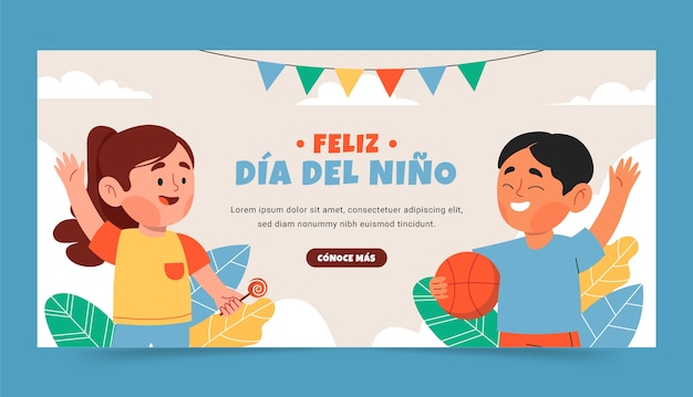 Modelo de banner horizontal plano para comemoração do dia das crianças em espanhol