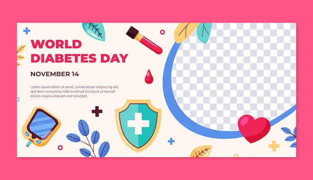 Modelo de banner horizontal plano para conscientização do dia mundial do diabetes