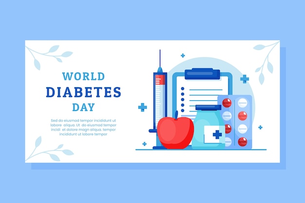 Vetor grátis modelo de banner horizontal plano para conscientização do dia mundial do diabetes