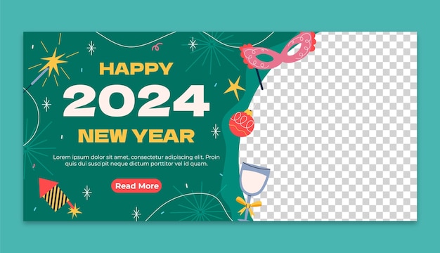 Vetor grátis modelo de banner horizontal plano para o ano novo de 2024 com máscara e fogos de artifício