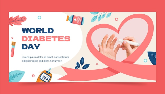 Vetor grátis modelo de banner horizontal plano para o dia mundial do diabetes com teste de açúcar no sangue