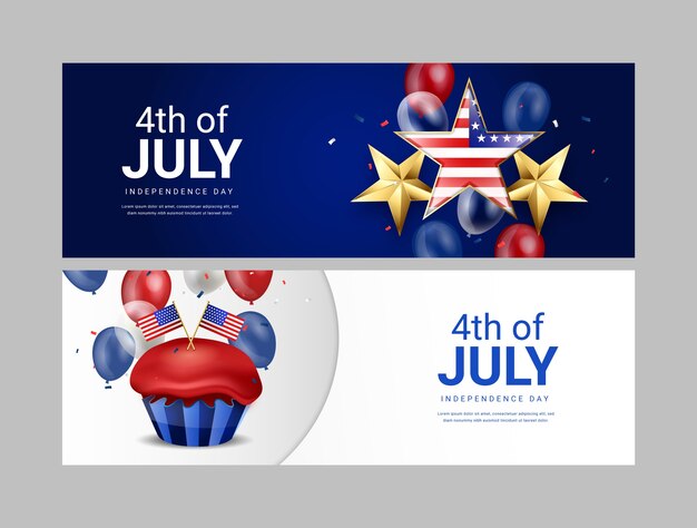 Modelo de banner horizontal realista para celebração americana de 4 de julho