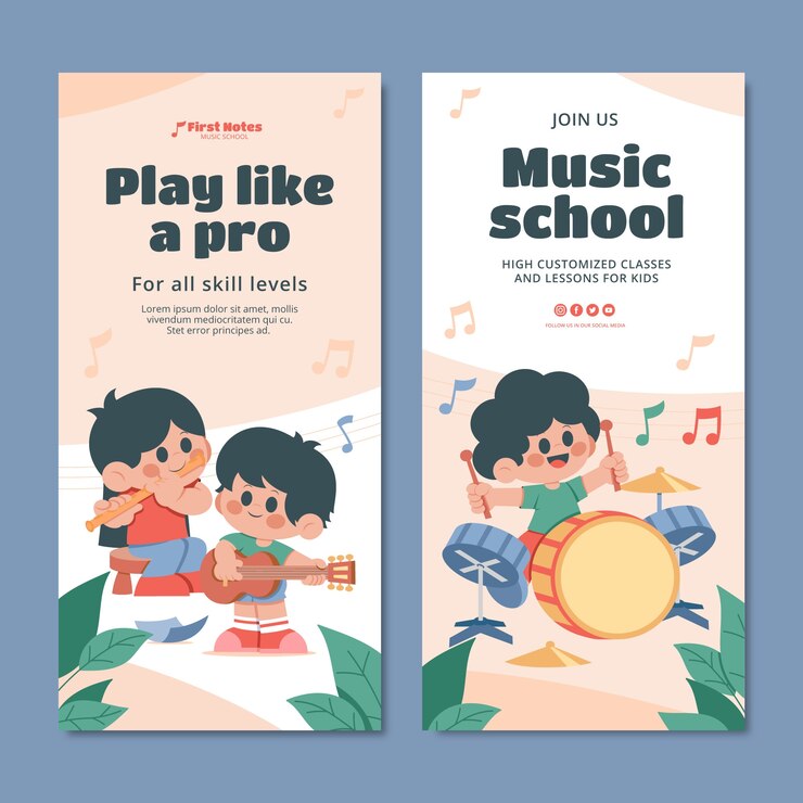 Modelo de banner vertical de escola de música de design plano