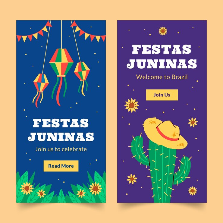 Vetor grátis modelo de banner vertical plano para celebrações de festas juninas brasileiras