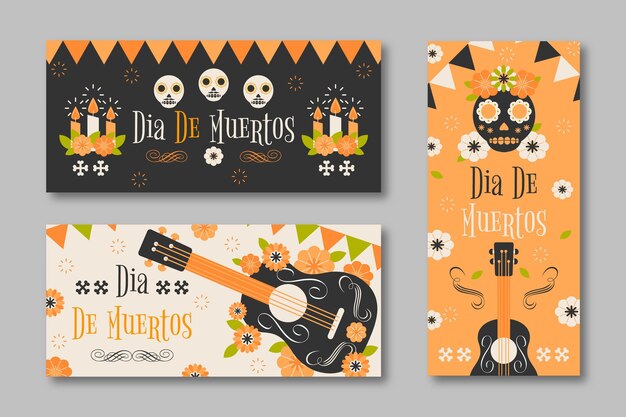 Modelo de banners com dia de muertos em design plano