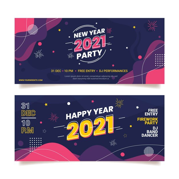 Modelo de banners de festa de ano novo 2021 de design plano