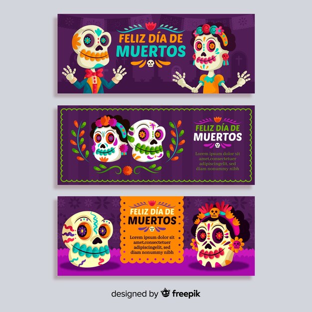 Modelo de banners desenhados à mão dia de muertos