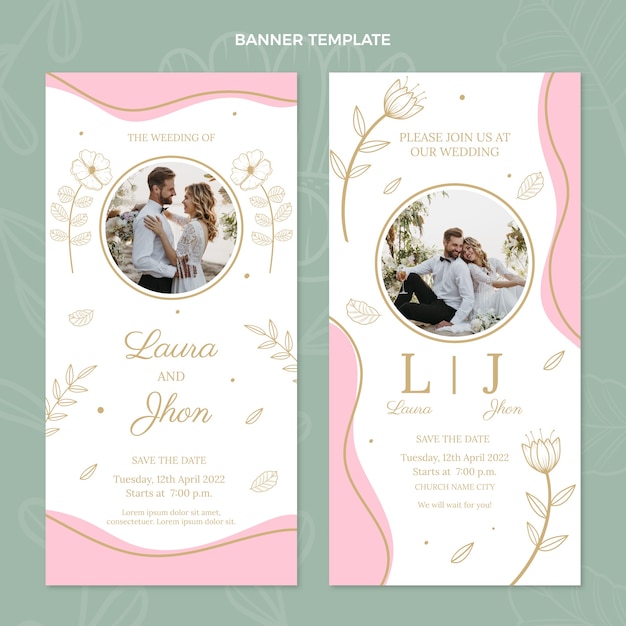 Modelo de banners verticais de casamento desenhado à mão