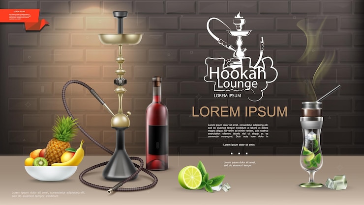 Vetor grátis modelo de bar lounge com narguilé realista com garrafa de vinho shisha em uma placa de frutas e narguilé em vidro na parede de tijolos.