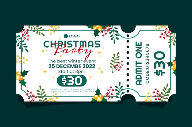 Vetor grátis modelo de bilhete de festa de natal plano