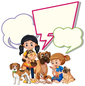 Modelo de bolha de fala com meninas e animais de estimação