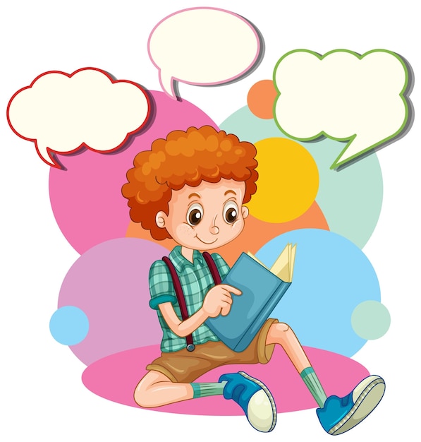 Modelo de bolha de fala com menino lendo livro