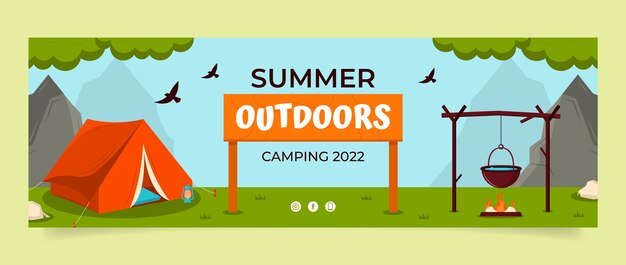 Modelo de cabeçalho de twitter de acampamento de verão plano