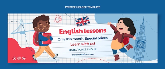 Modelo de cabeçalho de twitter de aulas de inglês de design plano
