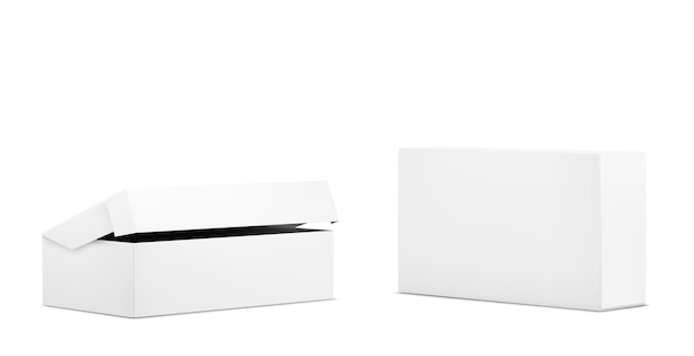Modelo de caixa de papelão branca fechada e aberta