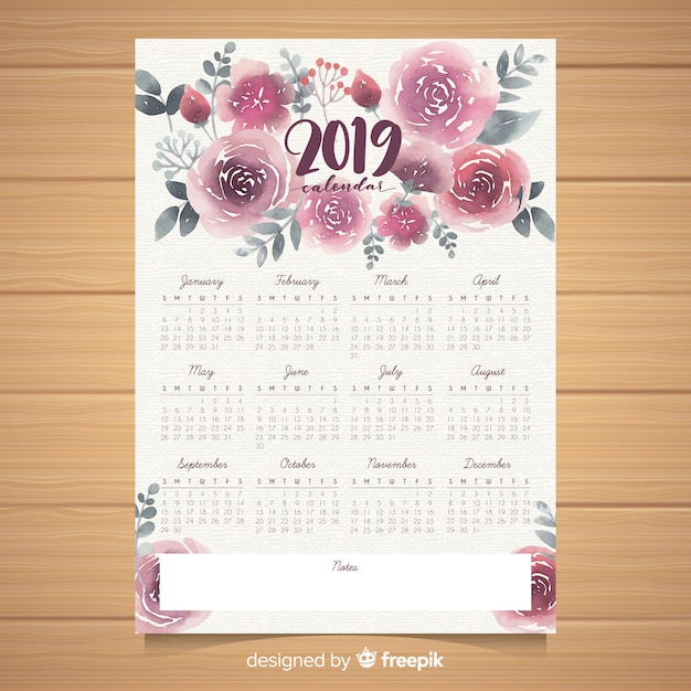 Modelo de calendário 2019 floral em aquarela