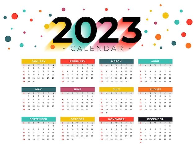 Vetor grátis modelo de calendário 2023 colorido em estilo para impressão