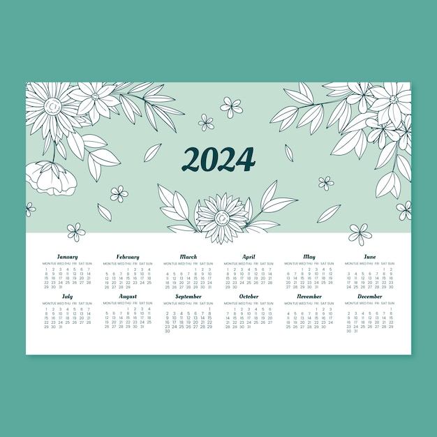 Modelo de calendário 2024 desenhado à mão com folhas e flores