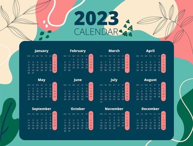 Modelo de calendário anual de 2023 desenhado à mão