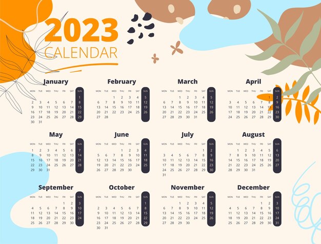Modelo de calendário anual de 2023 desenhado à mão