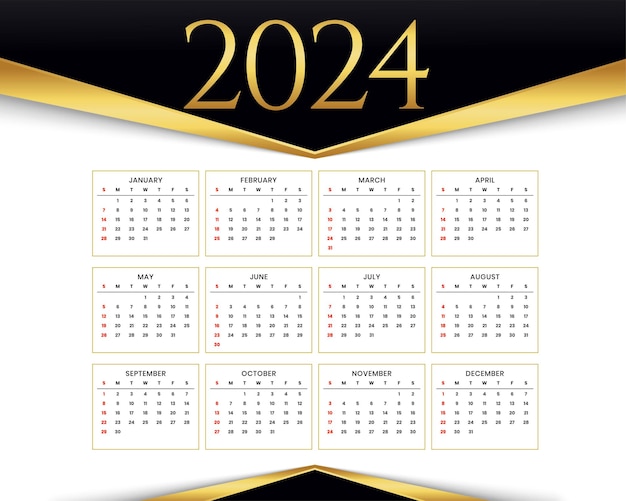 Modelo de calendário anual de 2024 em preto e branco com vetor de toque dourado