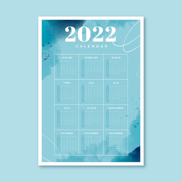 Modelo de calendário aquarela 2022