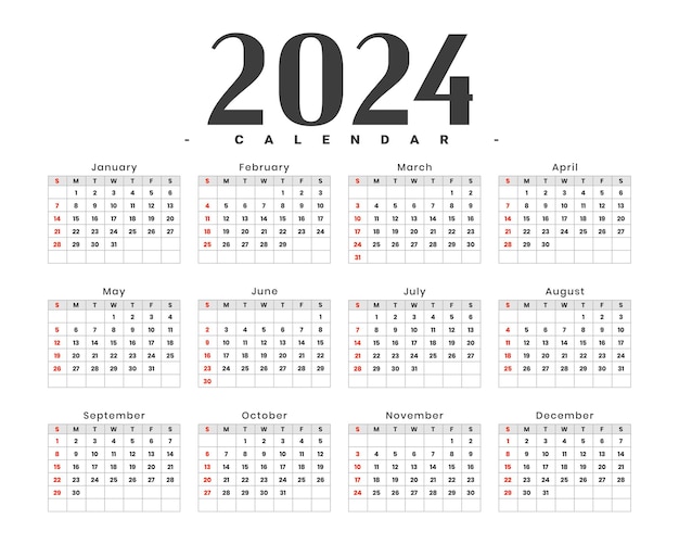 Vetor grátis modelo de calendário de ano novo de 2024 com vetor de design mínimo de meses e datas