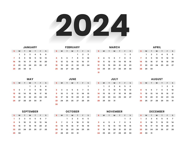 Vetor grátis modelo de calendário de ano novo de estilo mínimo 2024 para escritório, mesa ou vetor de parede