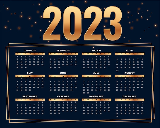 Modelo de calendário de ano novo dourado brilhante 2023