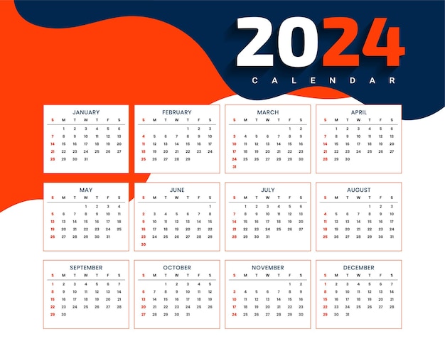 Vetor grátis modelo de calendário de feliz ano novo 2024 para uso comercial ou de escritório