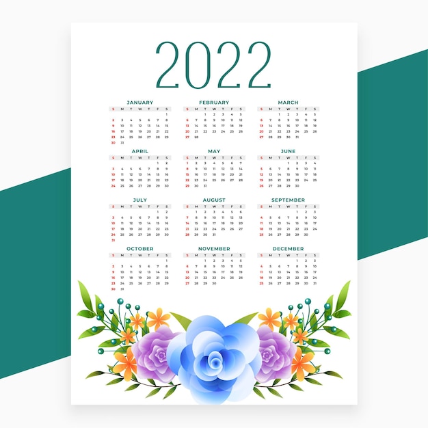 Modelo de calendário de flores para o ano novo 2022