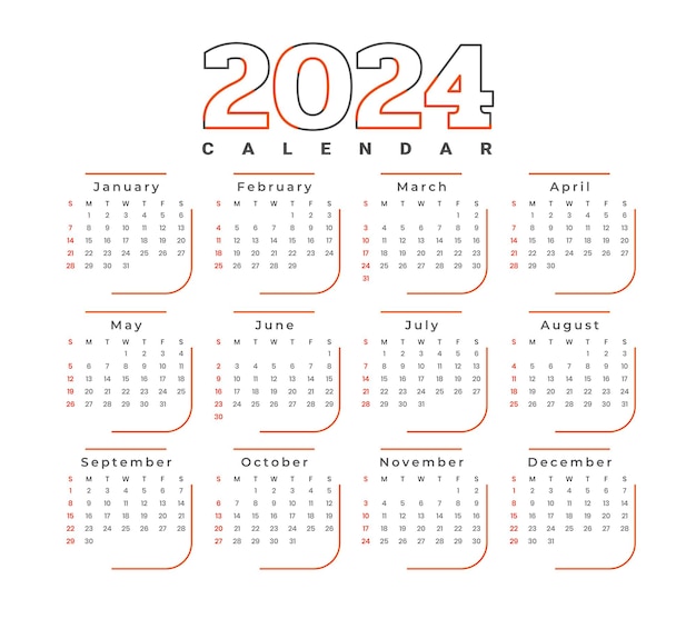 Vetor grátis modelo de calendário de página inteira estilo linha 2024 com vetor de design de meses e datas