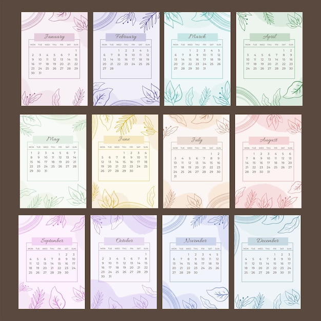 Modelo de calendário de parede 2023 desenhado à mão