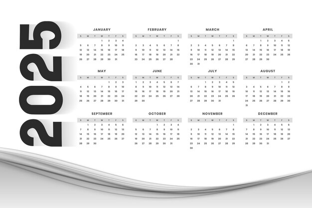 Modelo de calendário de planejador de eventos 2025 simples em estilo ondulado
