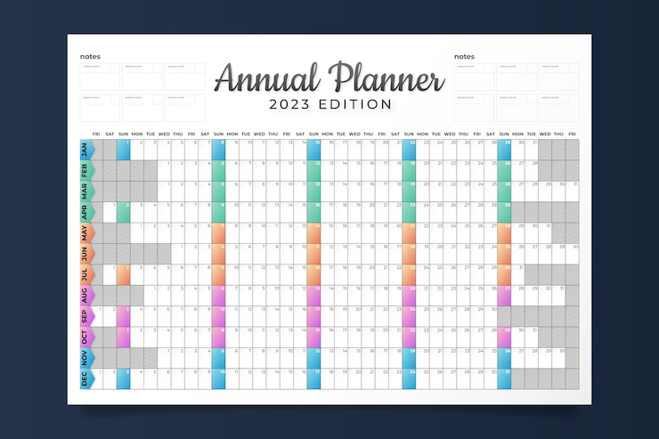 Vetor grátis modelo de calendário de planejador de parede anual gradiente 2023