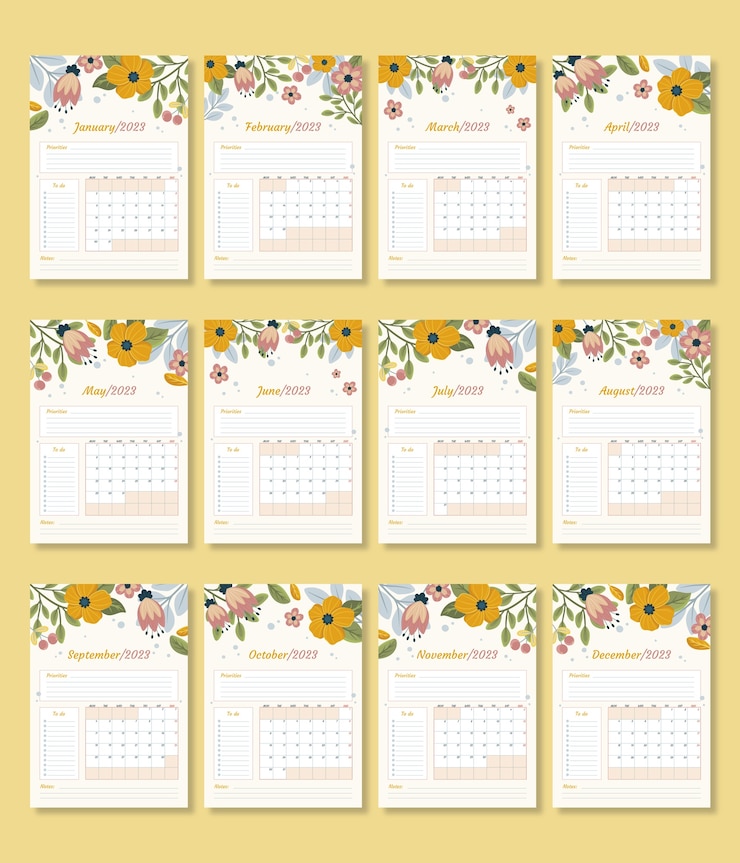 Vetor grátis modelo de calendário de planejador de parede anual plano 2023