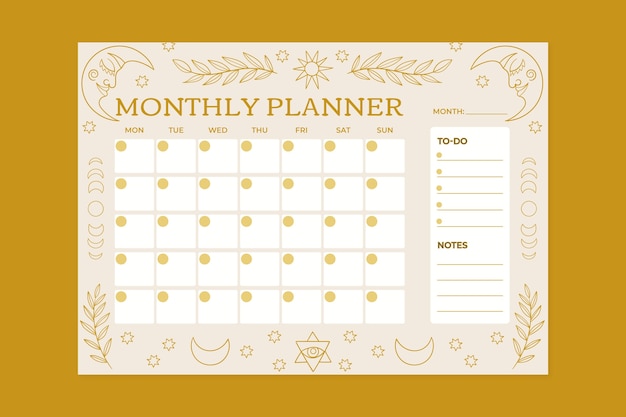 Modelo de calendário de planejador mensal de 2023 desenhado à mão