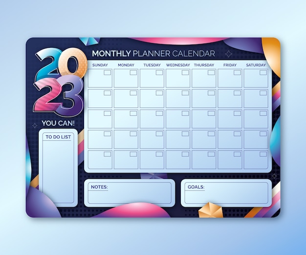 Vetor grátis modelo de calendário de planejador mensal gradiente 2023