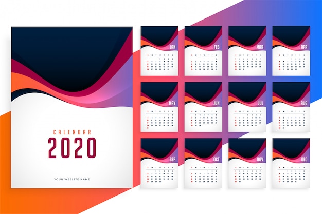 Vetor grátis modelo de calendário elegante moderno ano novo de 2020