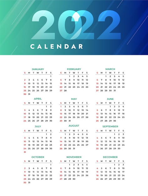 Modelo de calendário gradiente 2022