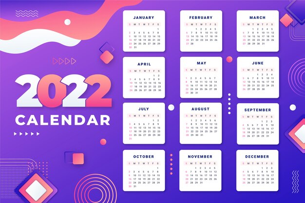 Modelo de calendário gradiente 2022