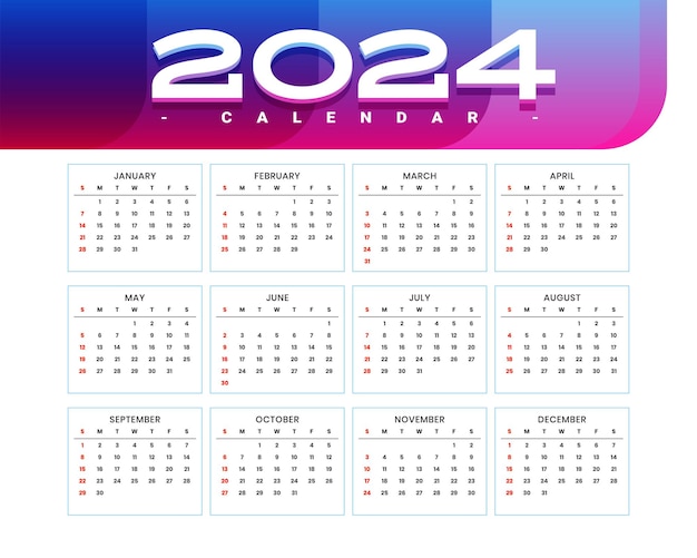 Modelo de calendário inglês de ano novo de 2024 organiza tarefas e
