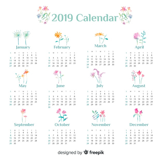 Modelo de calendário linda aguarela 2019